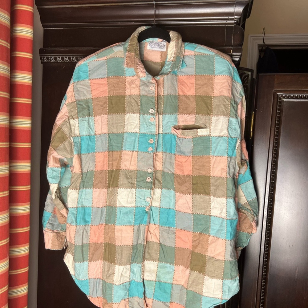 Vintage Patchwork Button Down Shirt with Shoulder Pads. Front and Back Buttons.